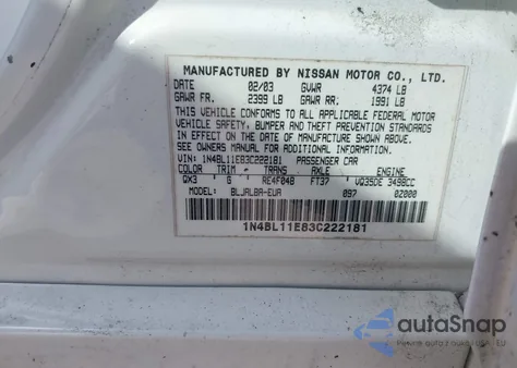2003 Nissan Altima 3.5 Se z USA, uszkodzony, nr VIN 1N4BL11E83C222181